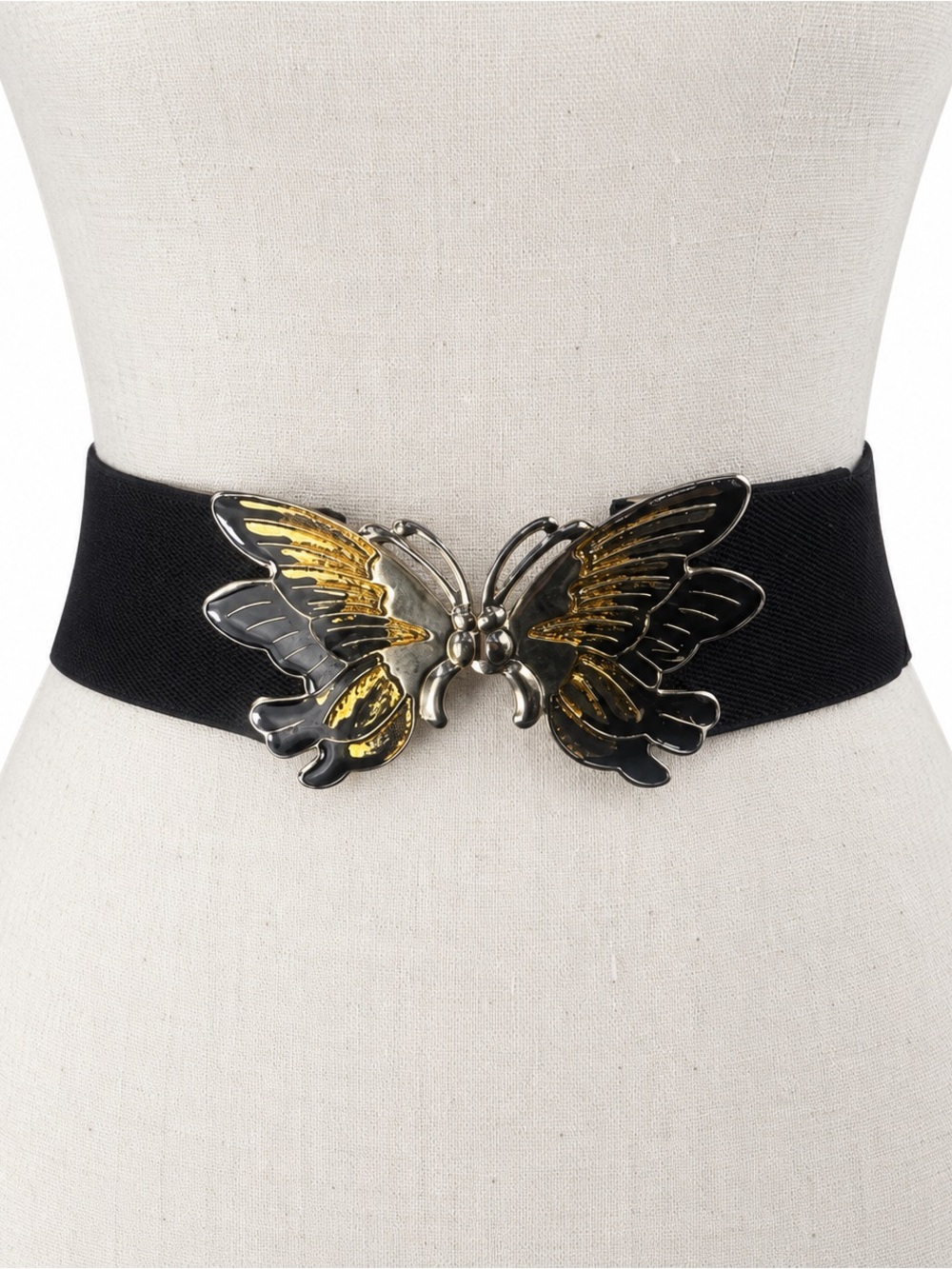 Vintage Black Stretch Belt with Oversized Two-Tone Butterfly Buckle Adjustable - Picture 8 of 8